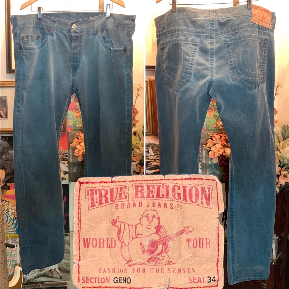 Mens 40 TRUE RELIGION Geno slim button fly acid wash jeans